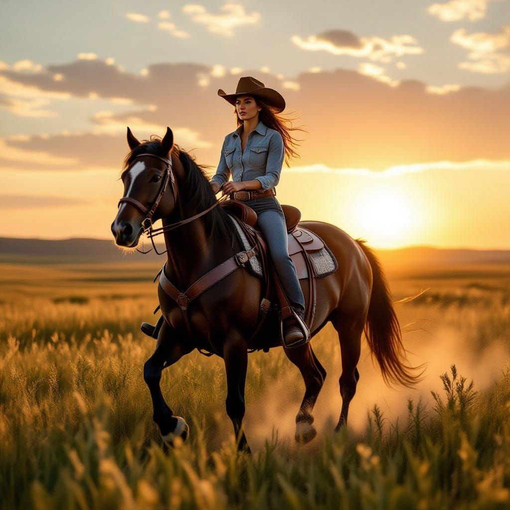 Cowgirl Rides Majestic Horse at Hyperrealistic Sunrise