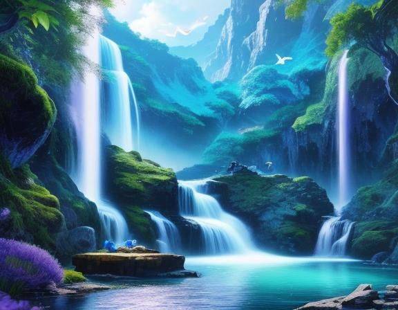 Enchanted Book: Dolphins, Waterfall, and Azure Sky