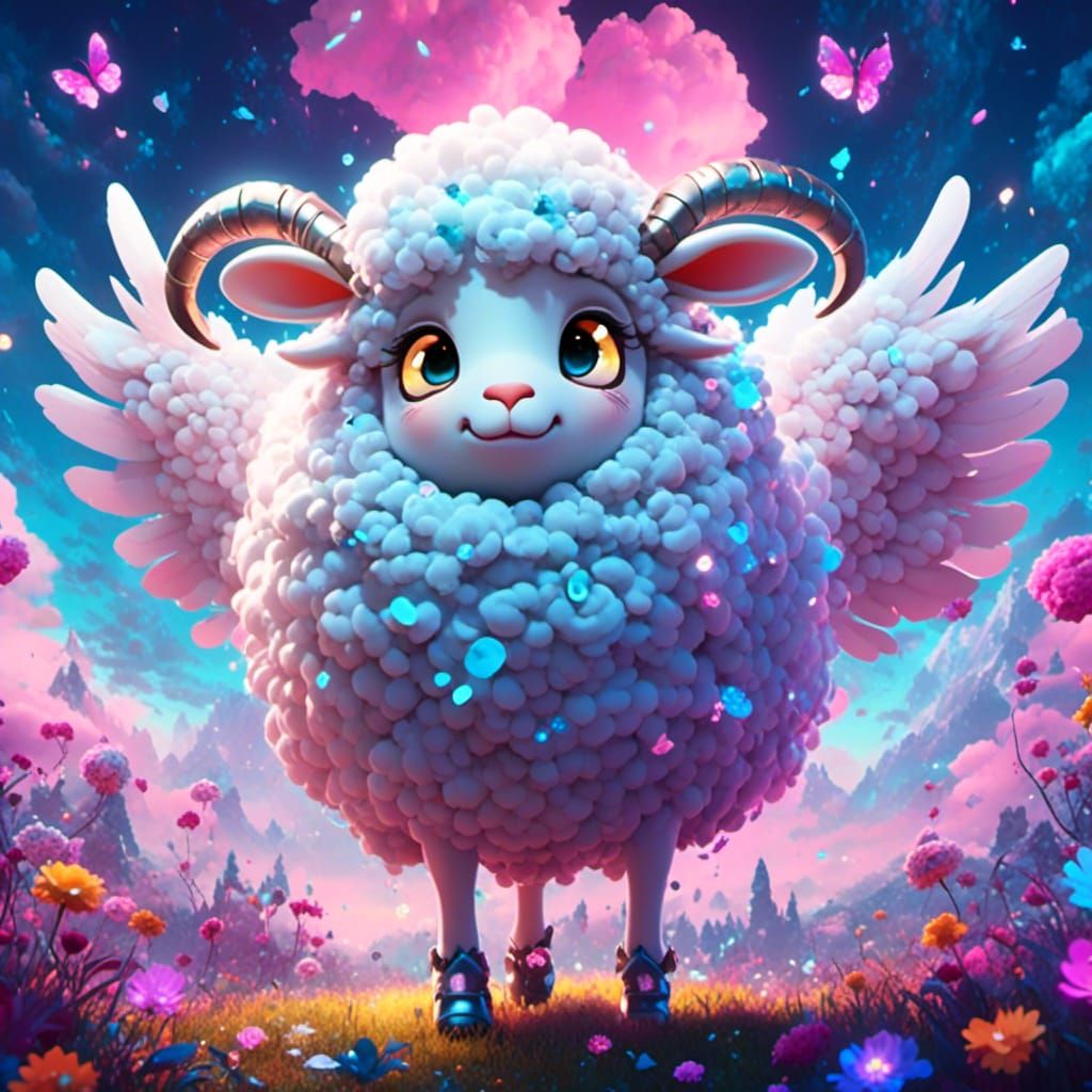 Sad Angel Sheep Soaring in Clouds: CGI Cartoon