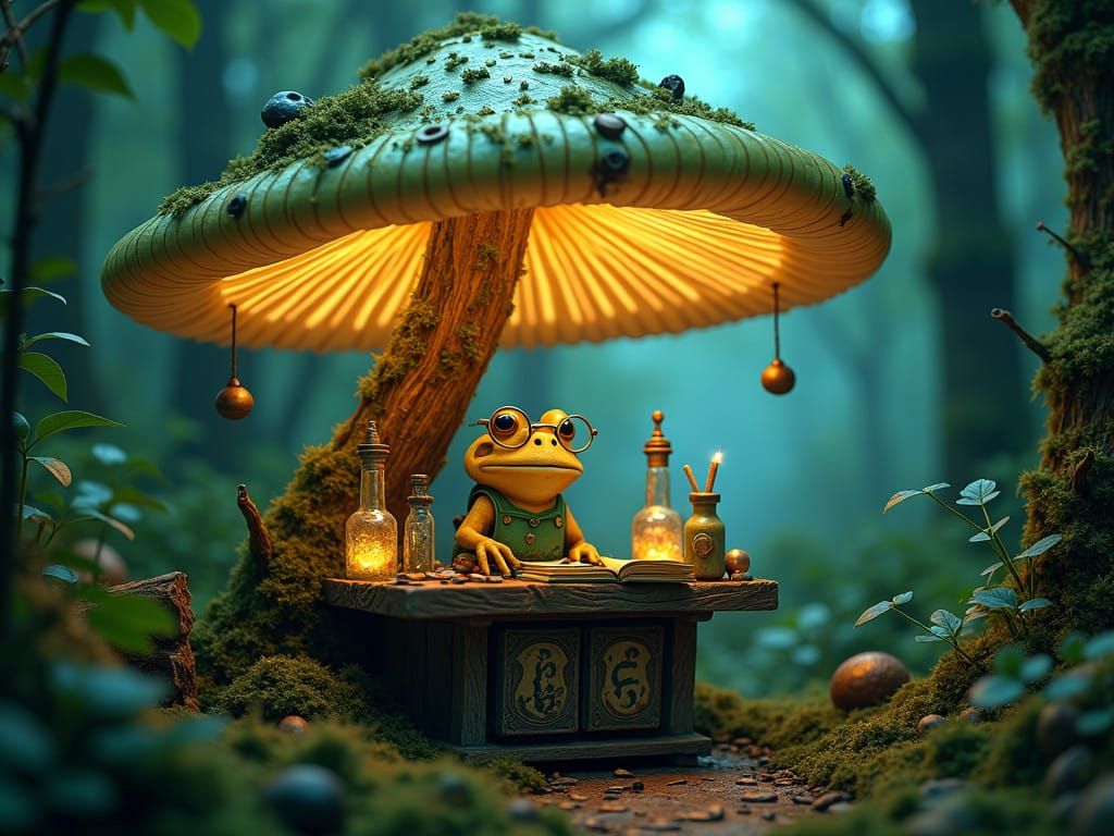 Whimsical Frog Vendor in Luminous Mushroom Bazaar