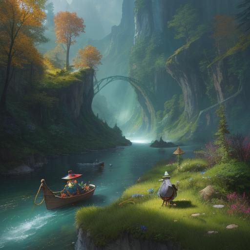Young Sailor's River Journey: Whimsical Fantasy Art
