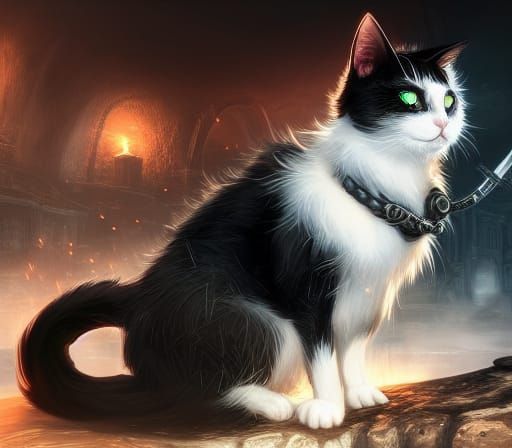 Cyberpunk War Cat in Dark Fantasy Armor