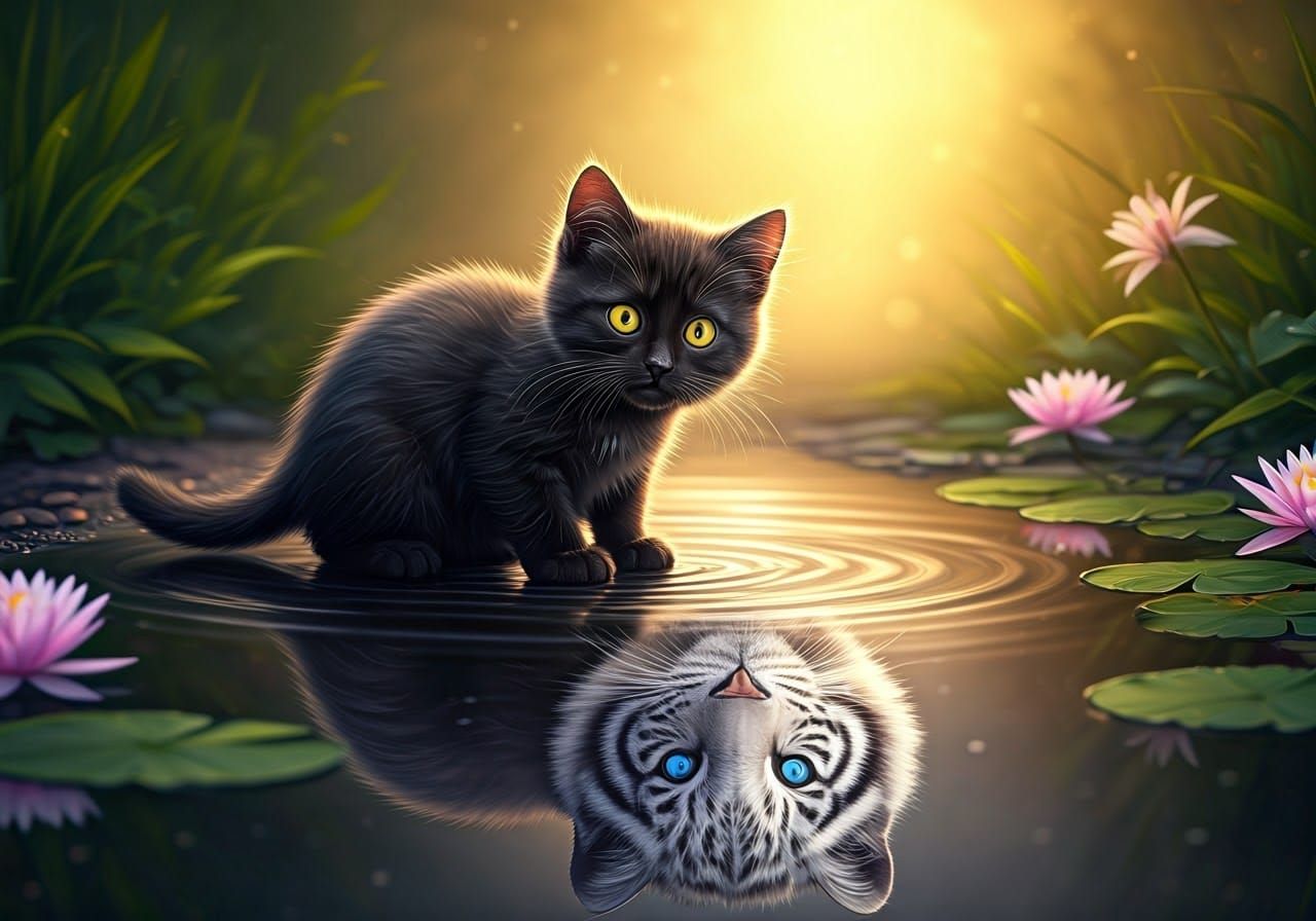 Kitten's Reflection: A Regal White Tiger