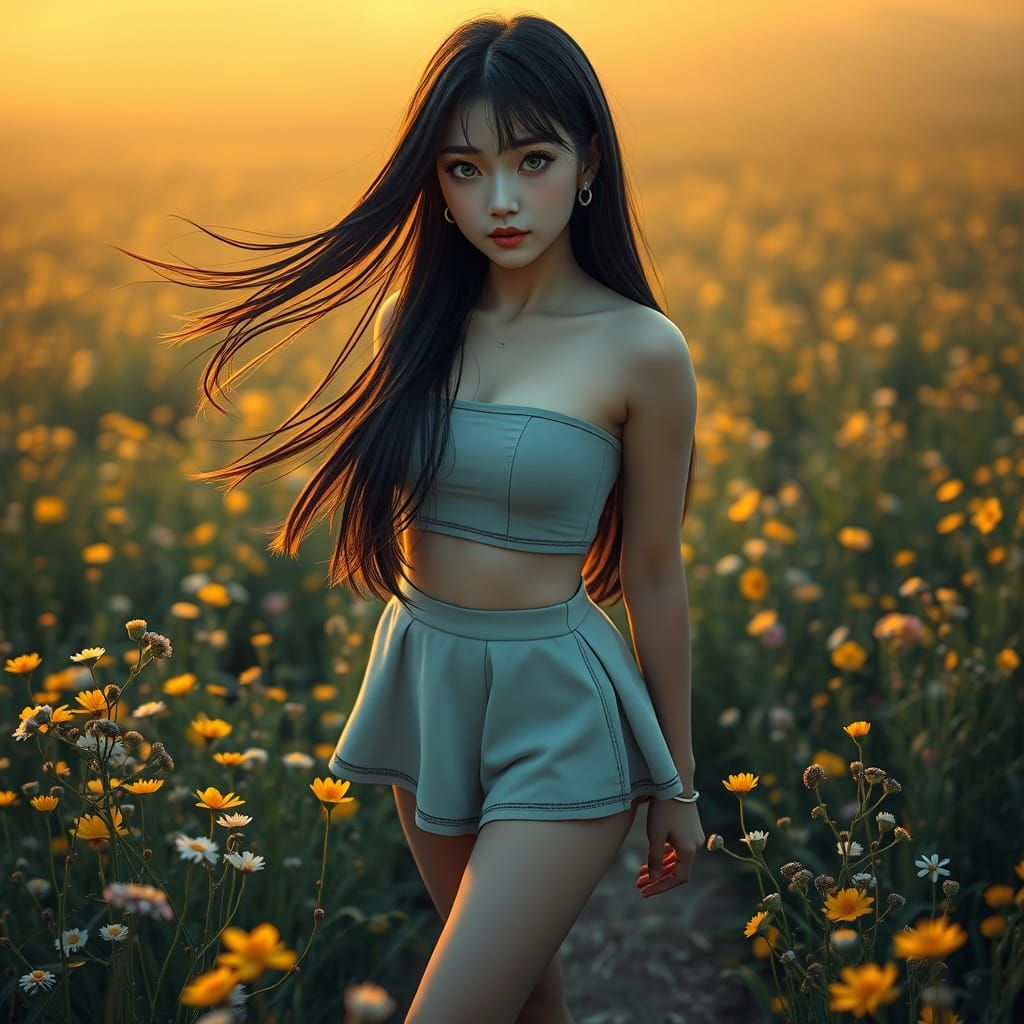 Hyper-Realistic Japanese Woman in Wildflower Field at Dawn