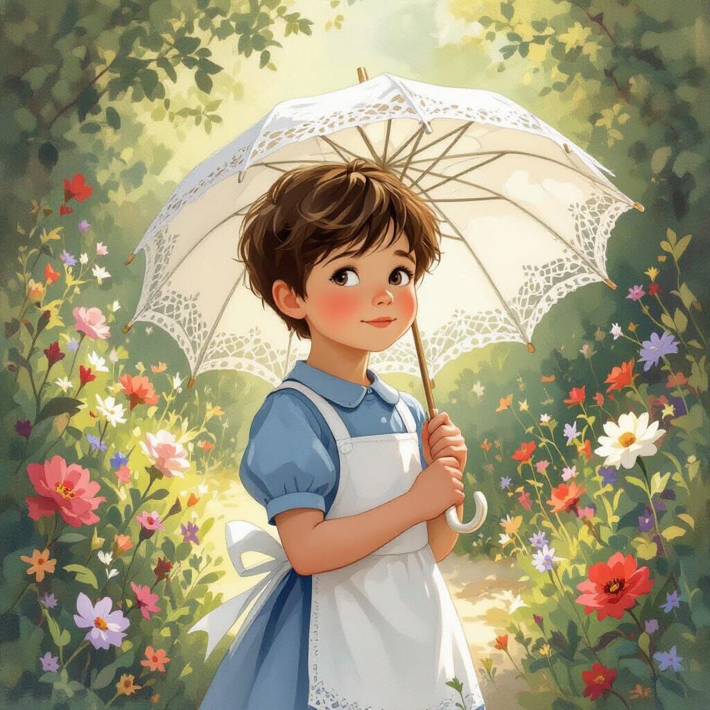 Boy Dressed as Alice in Wonderland with Parasol