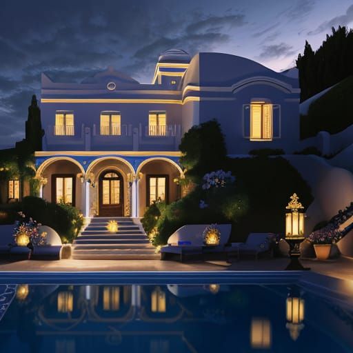 Santorini Villa at Night in Art Nouveau Style