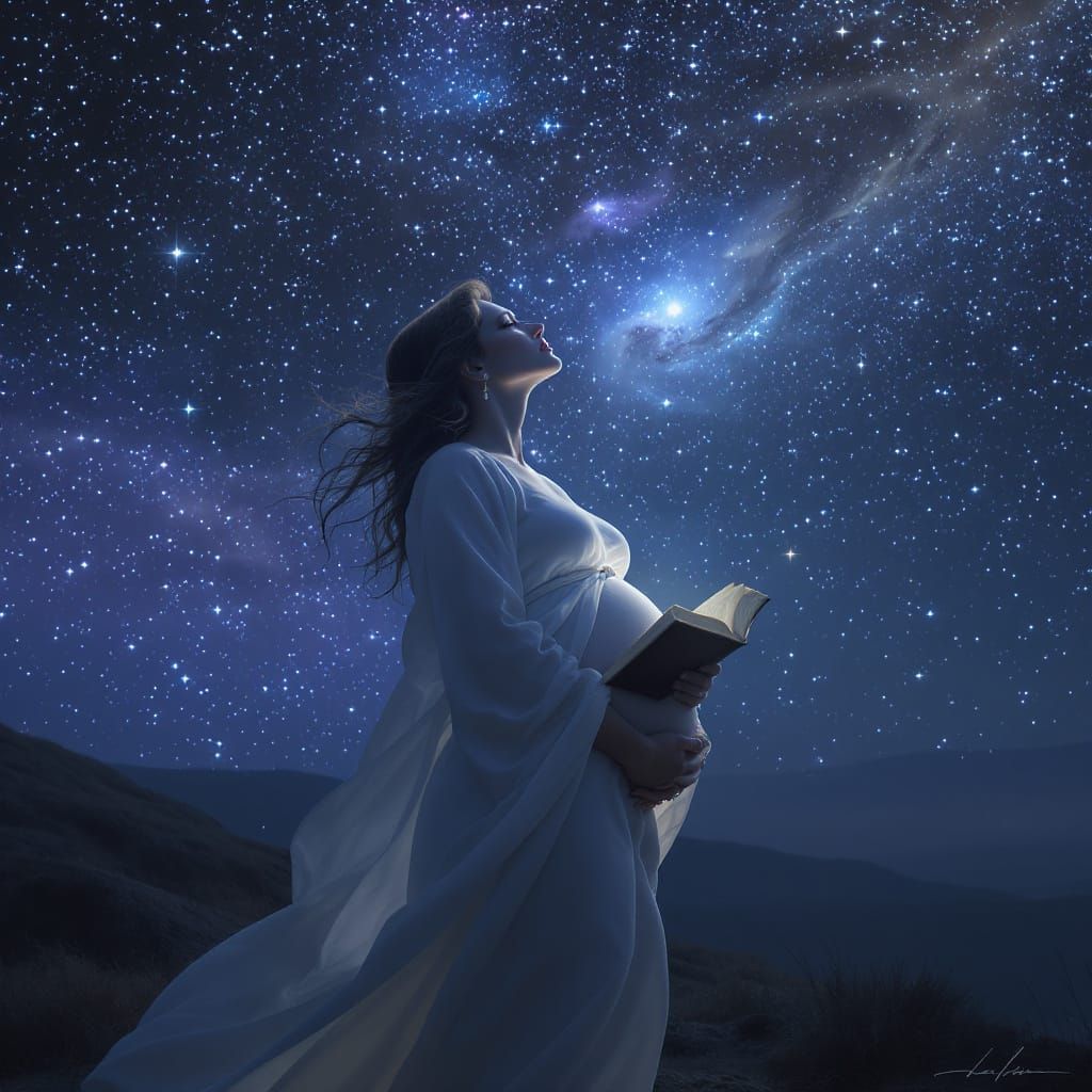 Pregnant Woman Under Nebula in Digital Matte Painting Style