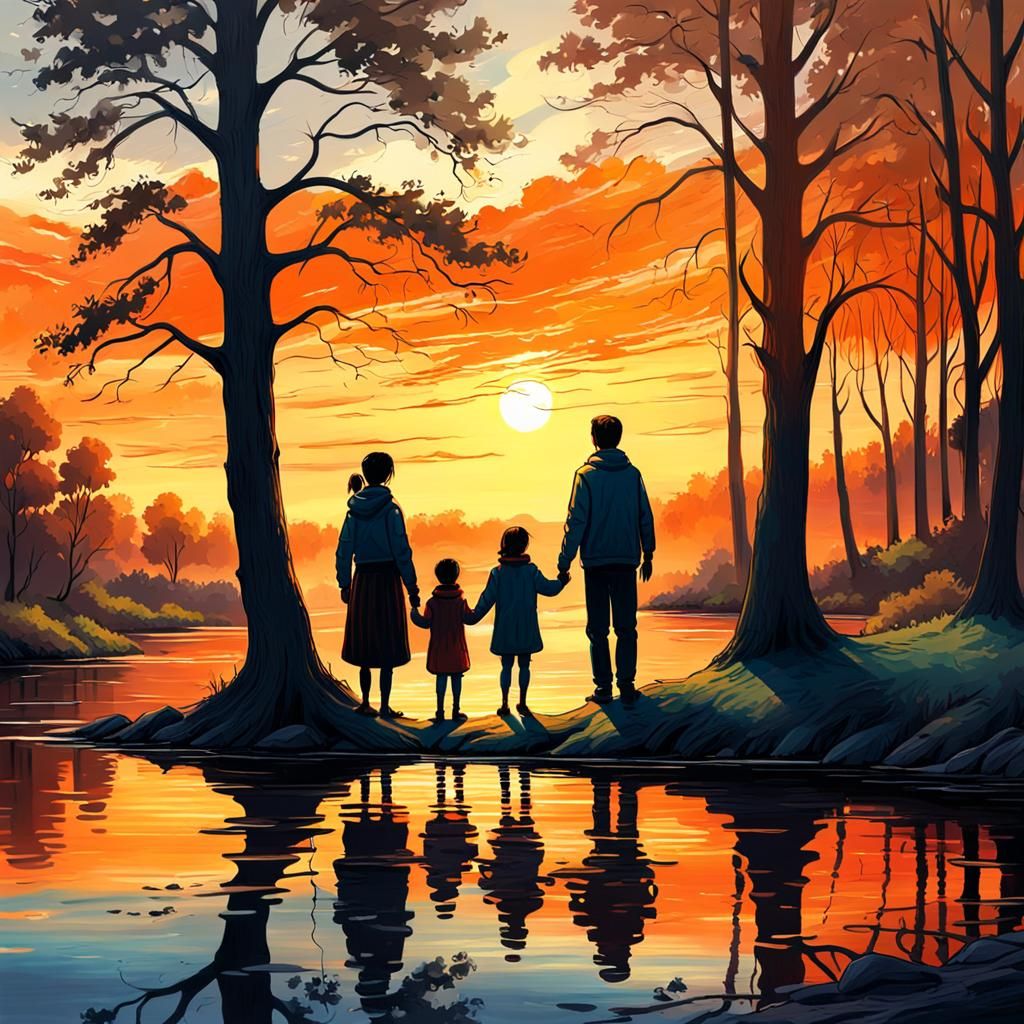 Family on Riverbank at Sunset: Vibrant Oil Painting