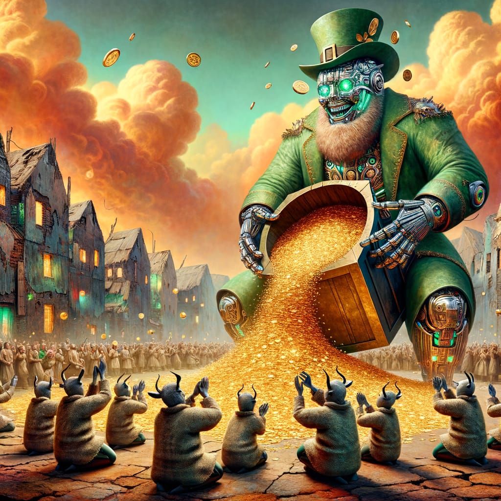 Cyberpunk Leprechaun Celebrates with Alien Antelope in Futur...