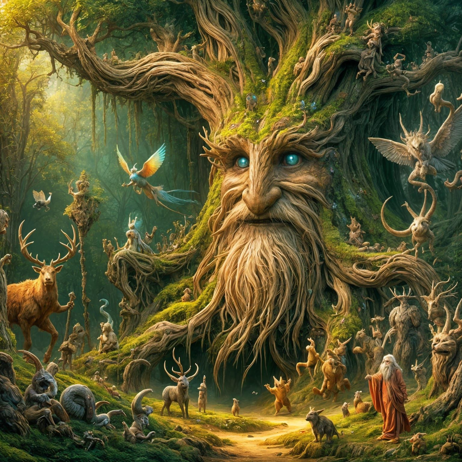 Enchanting Ancient Oak Greets Mythical Creatures