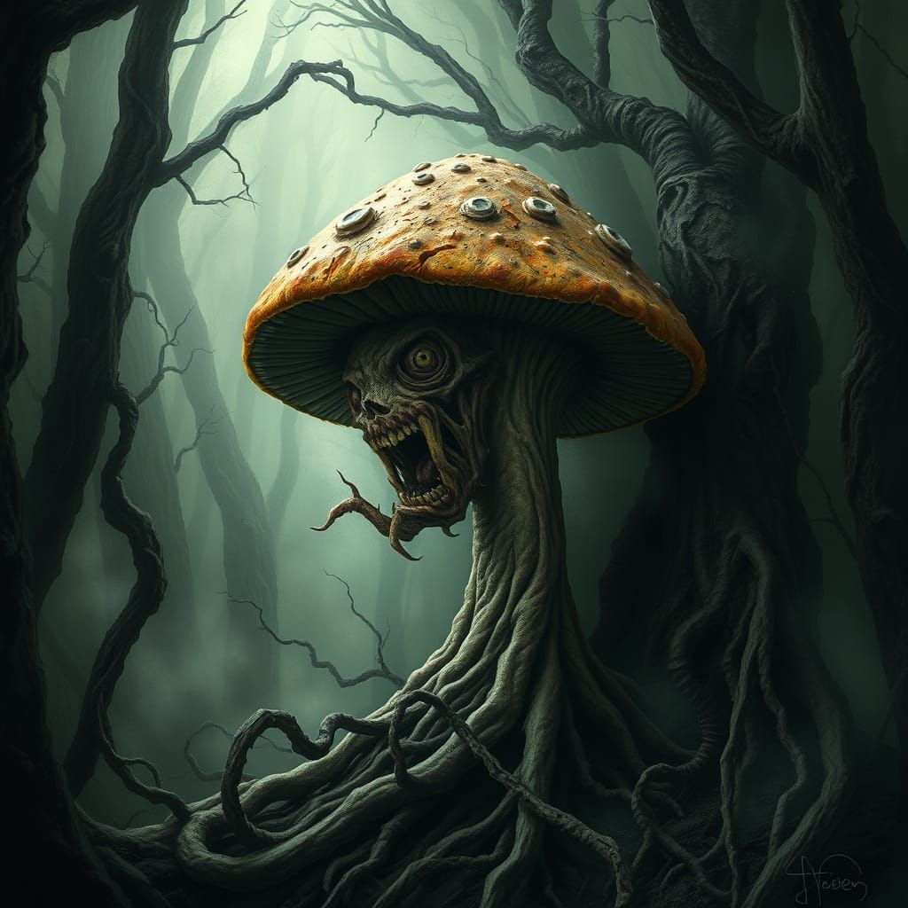 Grotesque Mushroom Transformation in Dark Forest