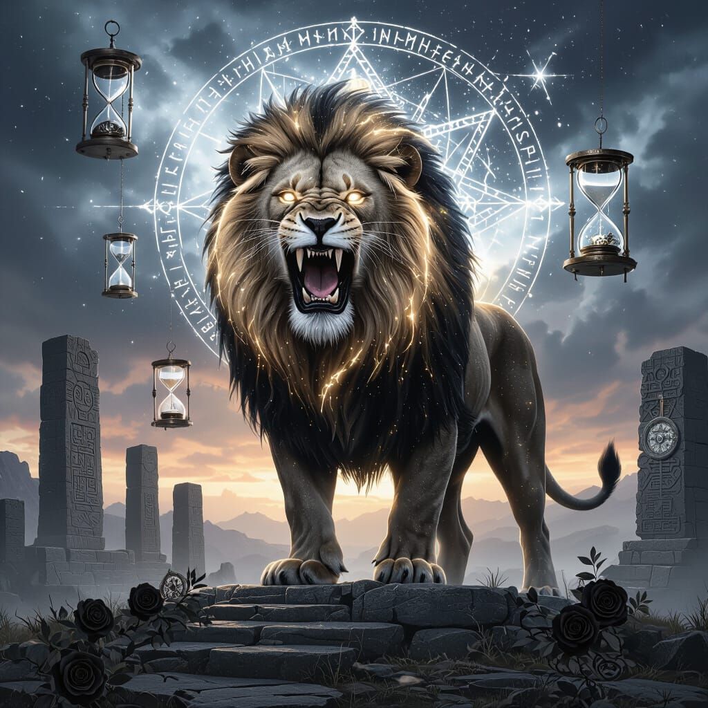 Cosmic Lion Tattoo Sleeve with Norse Runes