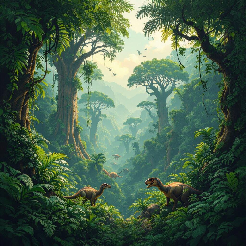 Jurassic Tropical Forest Alive with Dinosaurs