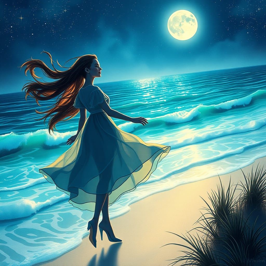 Moonlit Beach Dance in a Dreamy Landscape