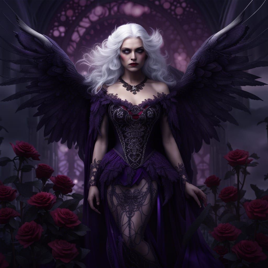 Silver Haired Vampire Woman in Purple Dress