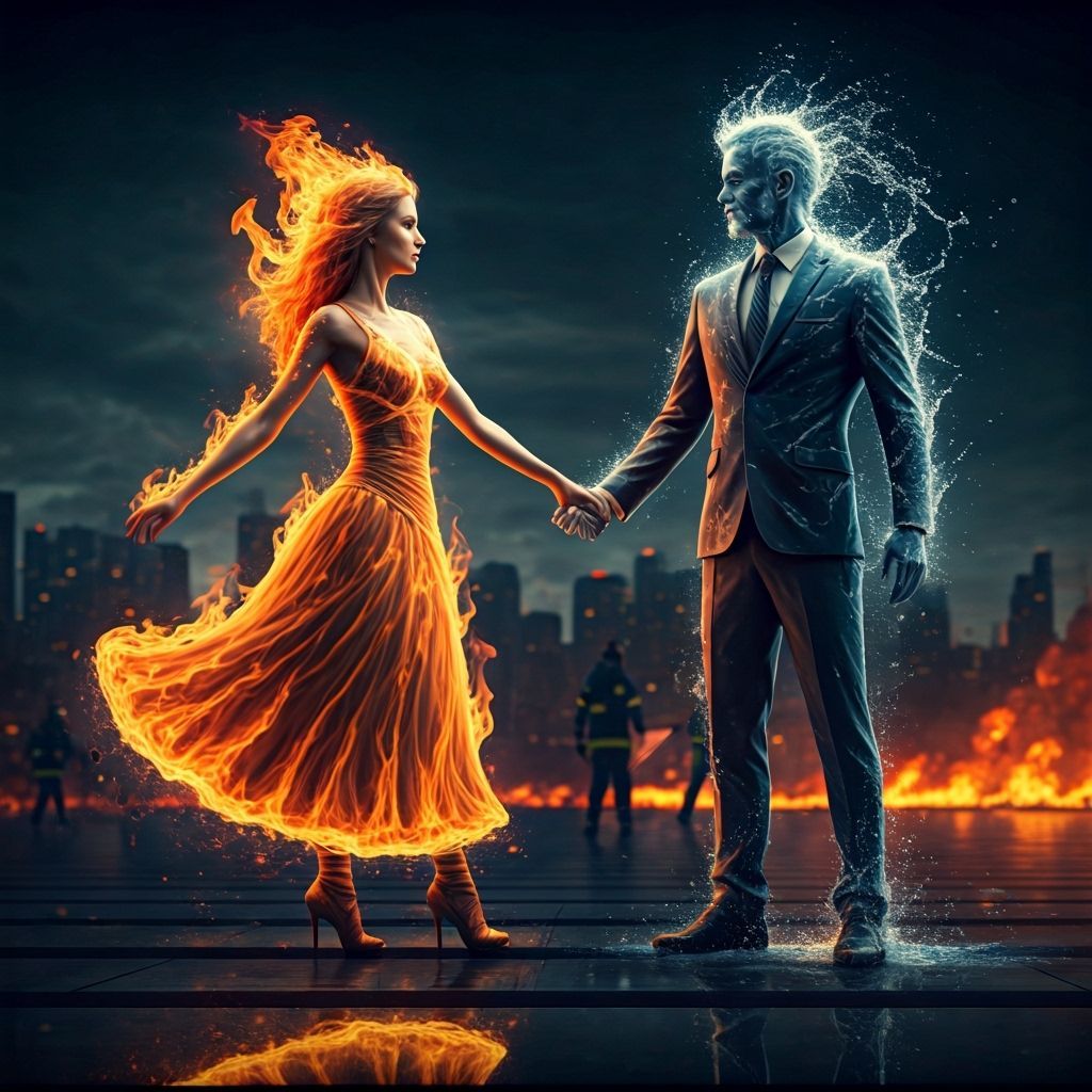 Fiery Dance: Woman and Water Man in Burning City