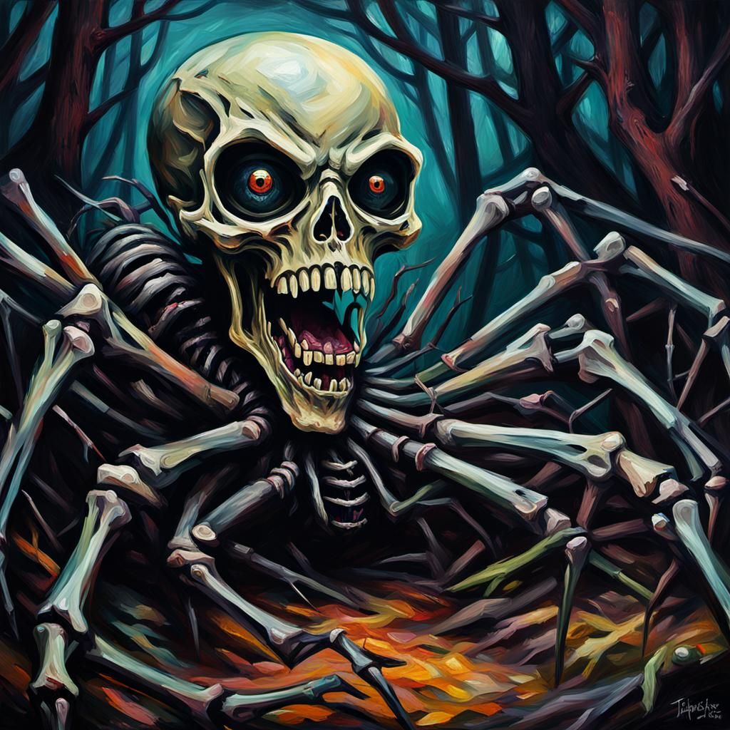 Dark Fauvism Spider Skeleton in Eerie Forest
