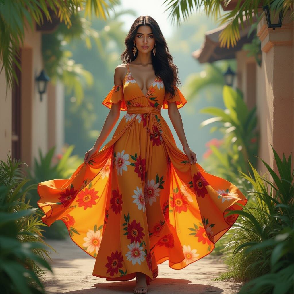 Woman in Vibrant Summer Dress, Fantasy Matte Painting