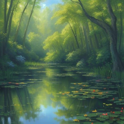 Impressionist Digital Painting of a Garden in a Forest