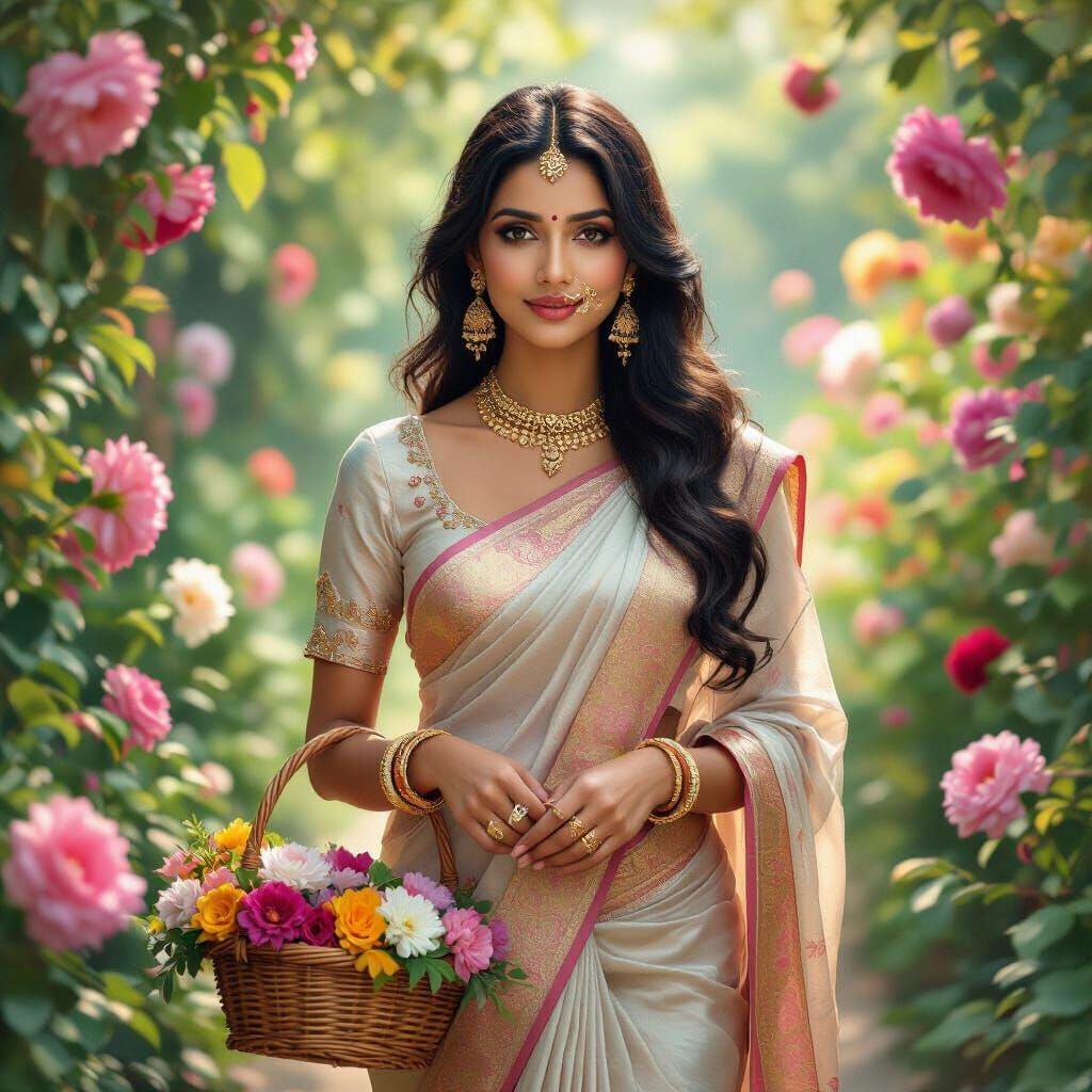 Bengali Woman in Flower Garden, Hyper-Realistic Portrait