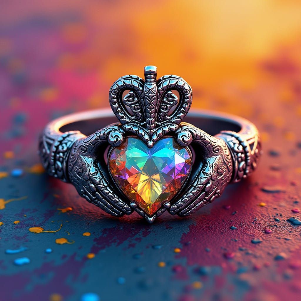 Hyper-Realistic Claddagh Wedding Ring in Vibrant Street Art...