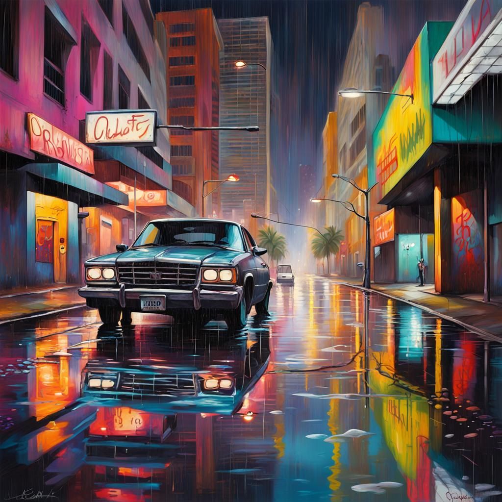 Rainy Night in Downtown Miami: Colorful Street Art