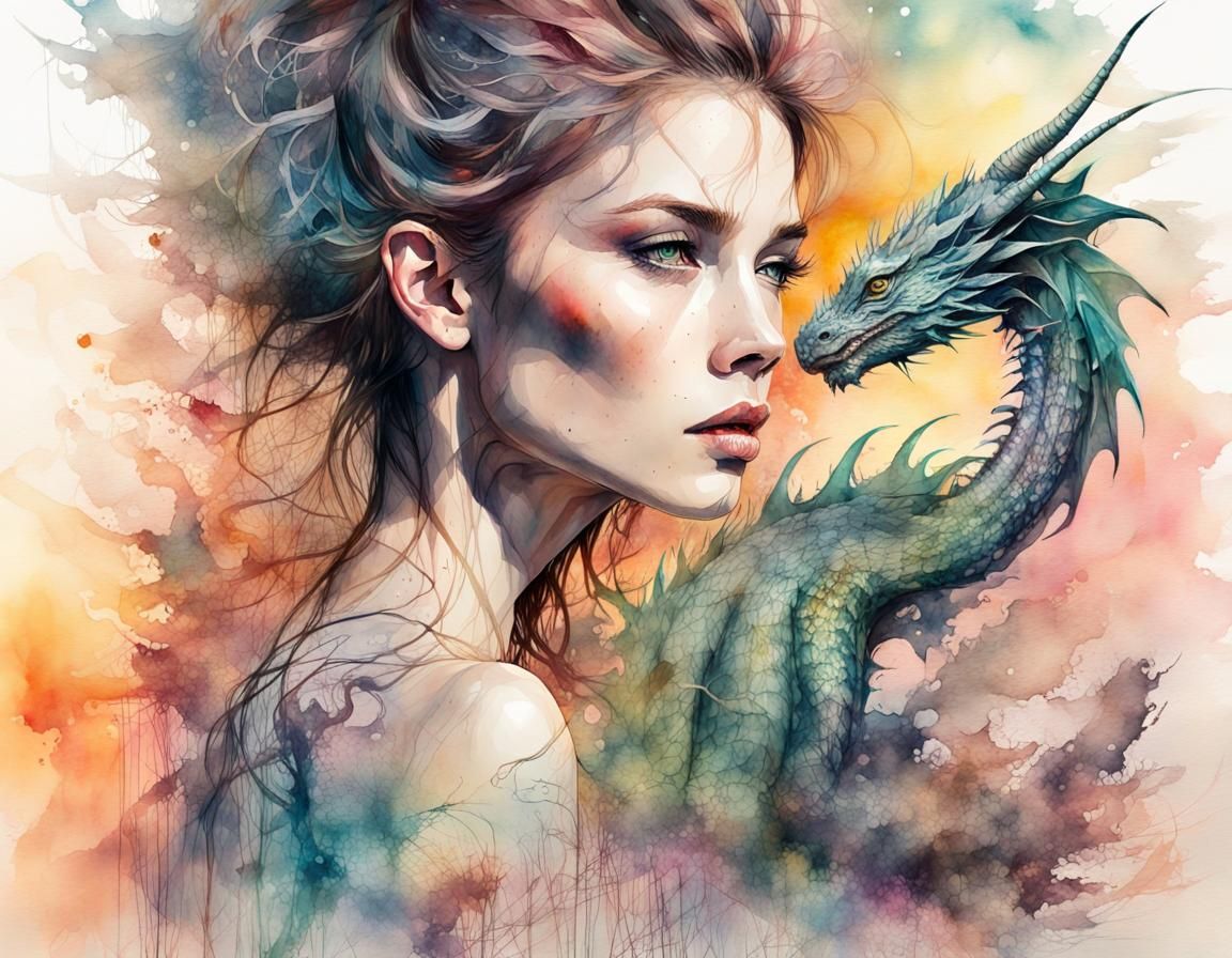 Dragon Silhouette Summerscape in Watercolor Style