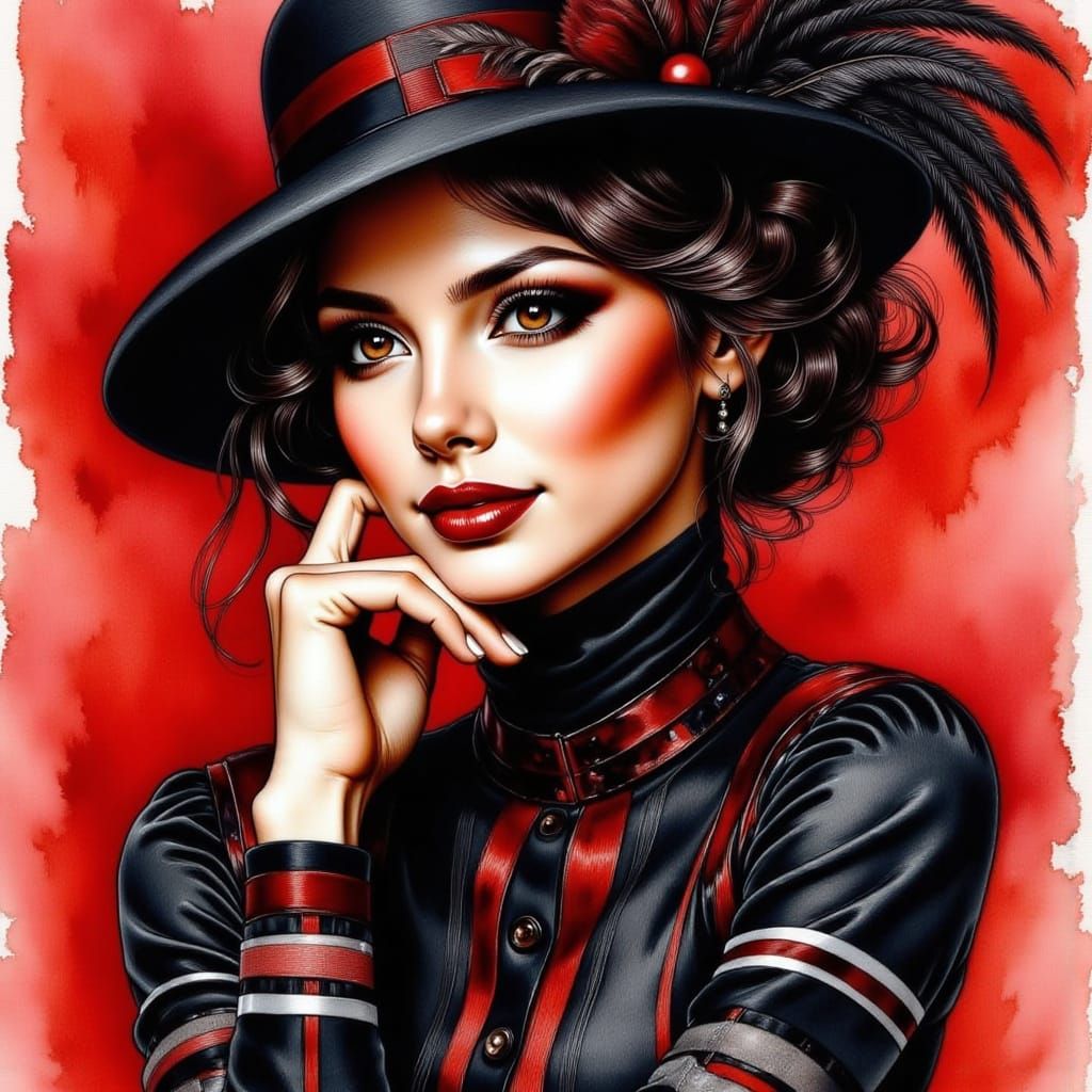 Elegant Woman with Feathered Hat in Watercolor Acrylic