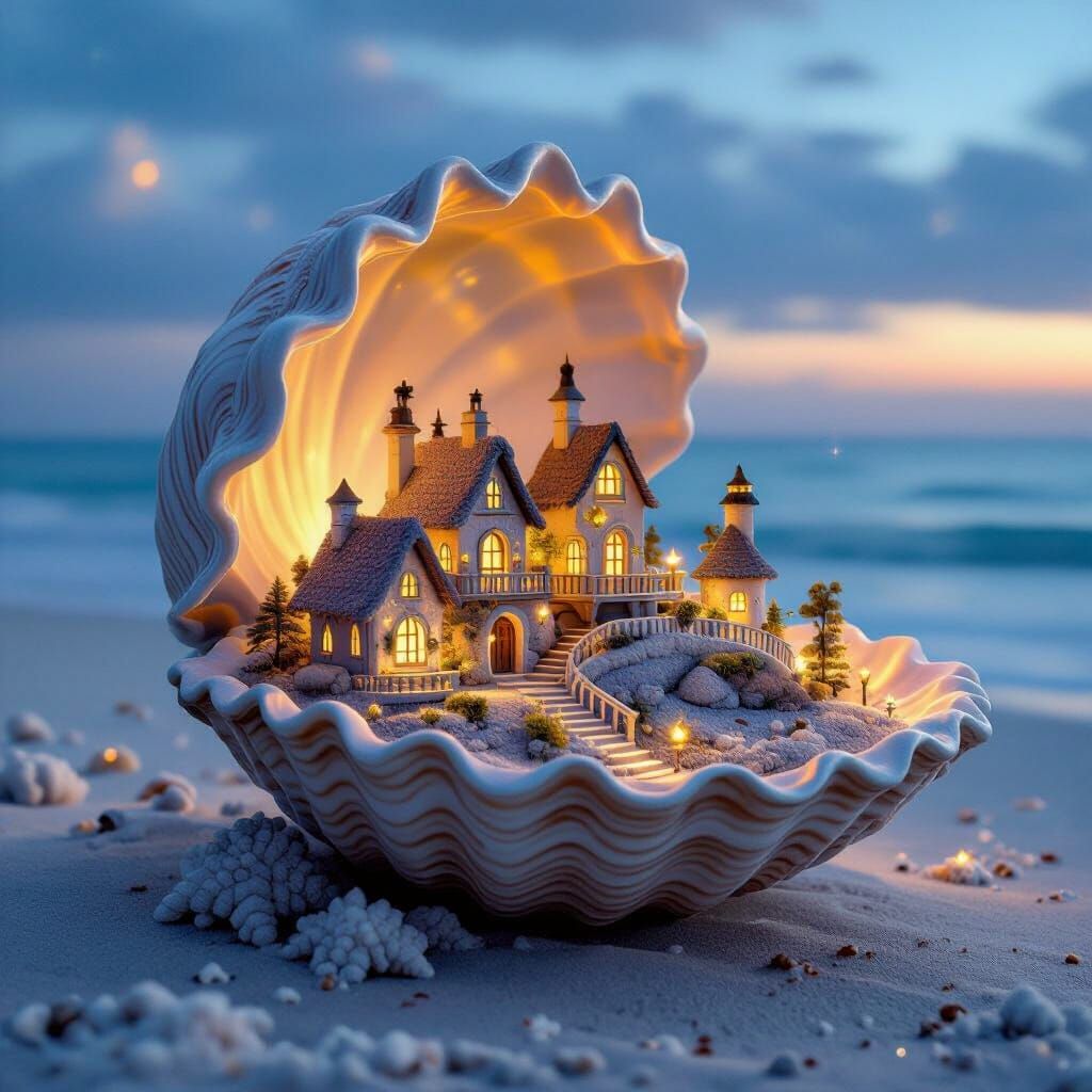 Miniature Fairy Village in Seashell, Cozy Realism Style