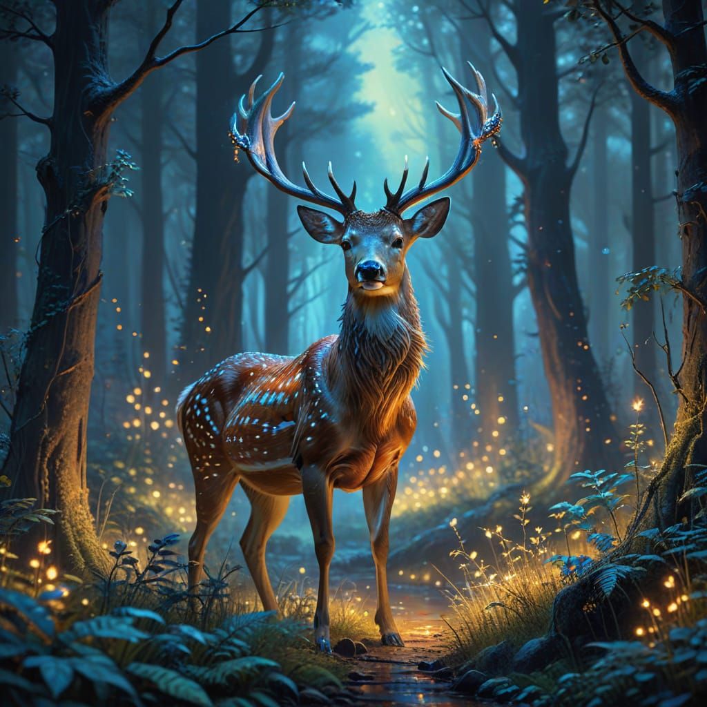 Glowing Deer in Enchanted Forest: Digital Impressionism
