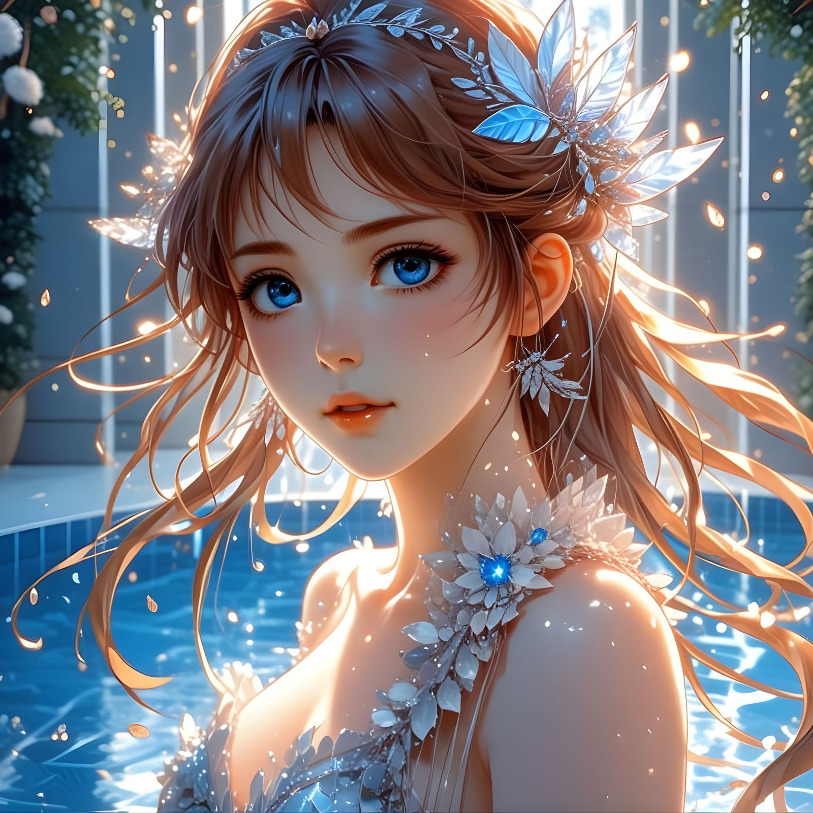Breathtaking Anime Fantasy Female Character in Luxury Poolsi...