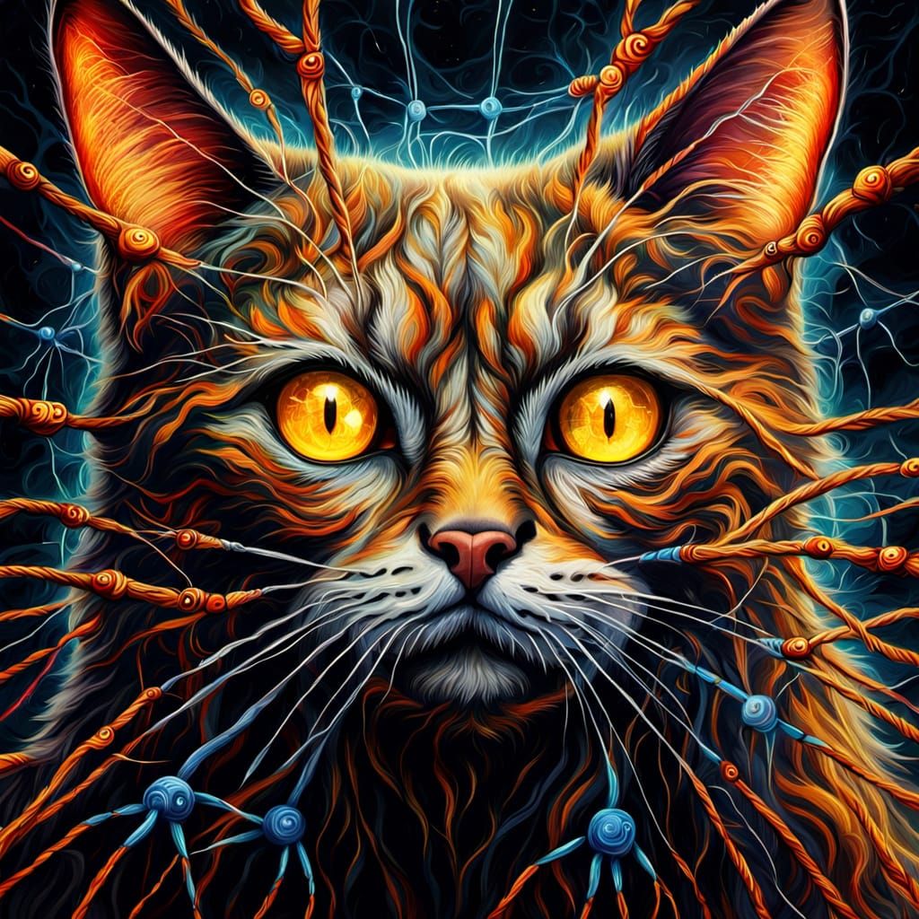Surreal Cat Weaving a Web as Oil Painting