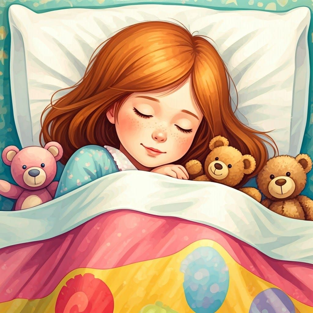 Dreamy Girl Sleeping Surrounded by Toys, in Watercolor