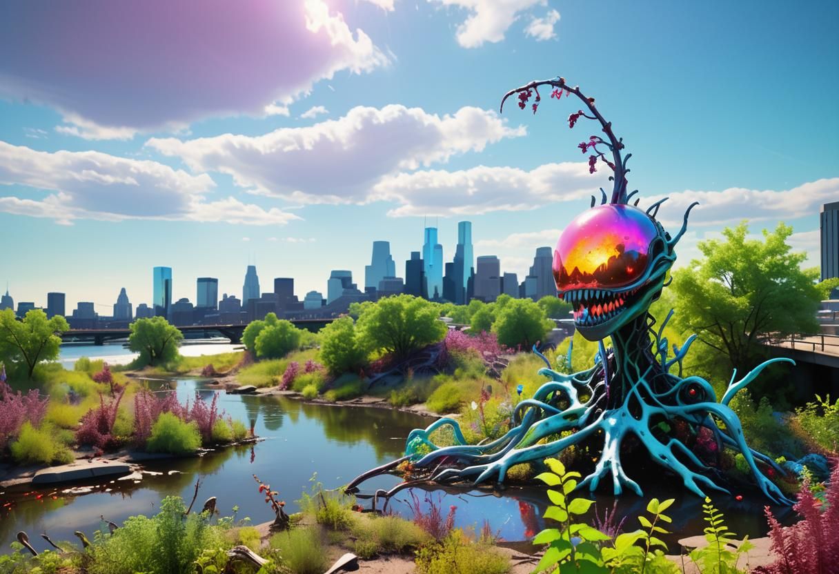Dystopian Minneapolis Cityscape with Alien Flora