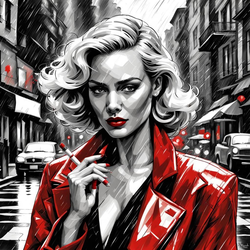 Noir Portrait of Woman Smoking in Rainy City