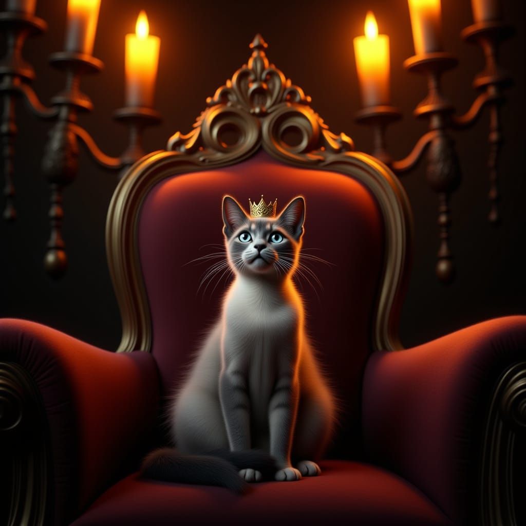 Regal Siamese Cat on Throne in Dramatic Light