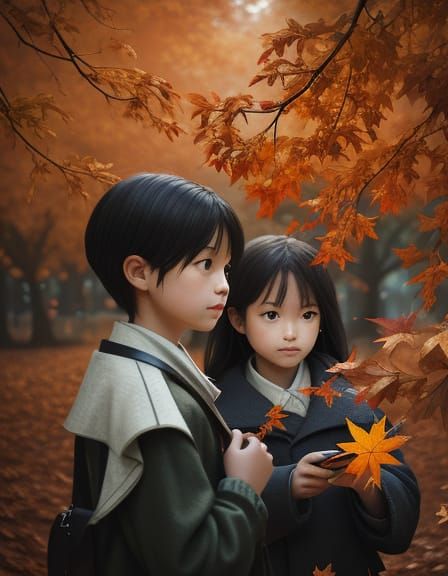 Children Playing in Autumn Leaves Concept Art