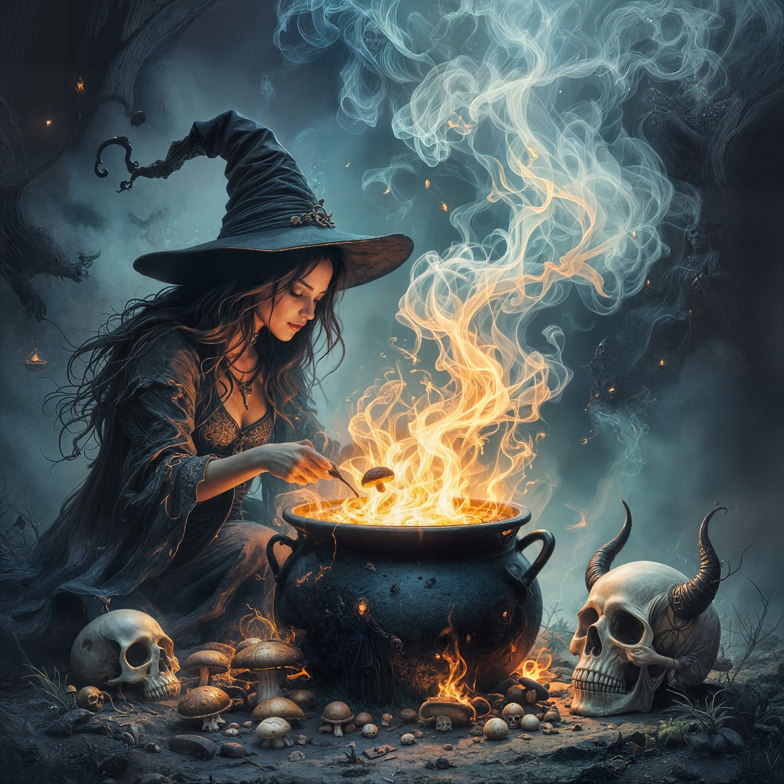 Witch Adds Mushrooms to Bubbling Cauldron in Dark Fantasy St...