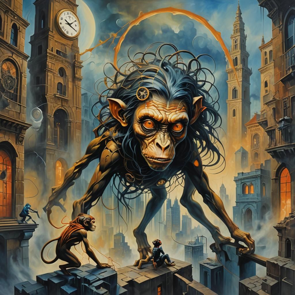 Surreal Monkey and Spider Woman Battle in Dreamscape