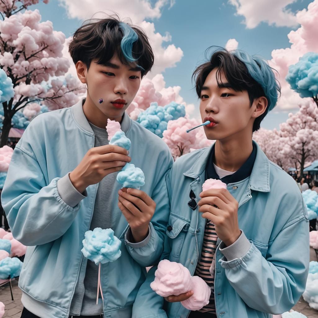 Boys Enjoying Blue Cotton Candy in Aesthetic Setting
