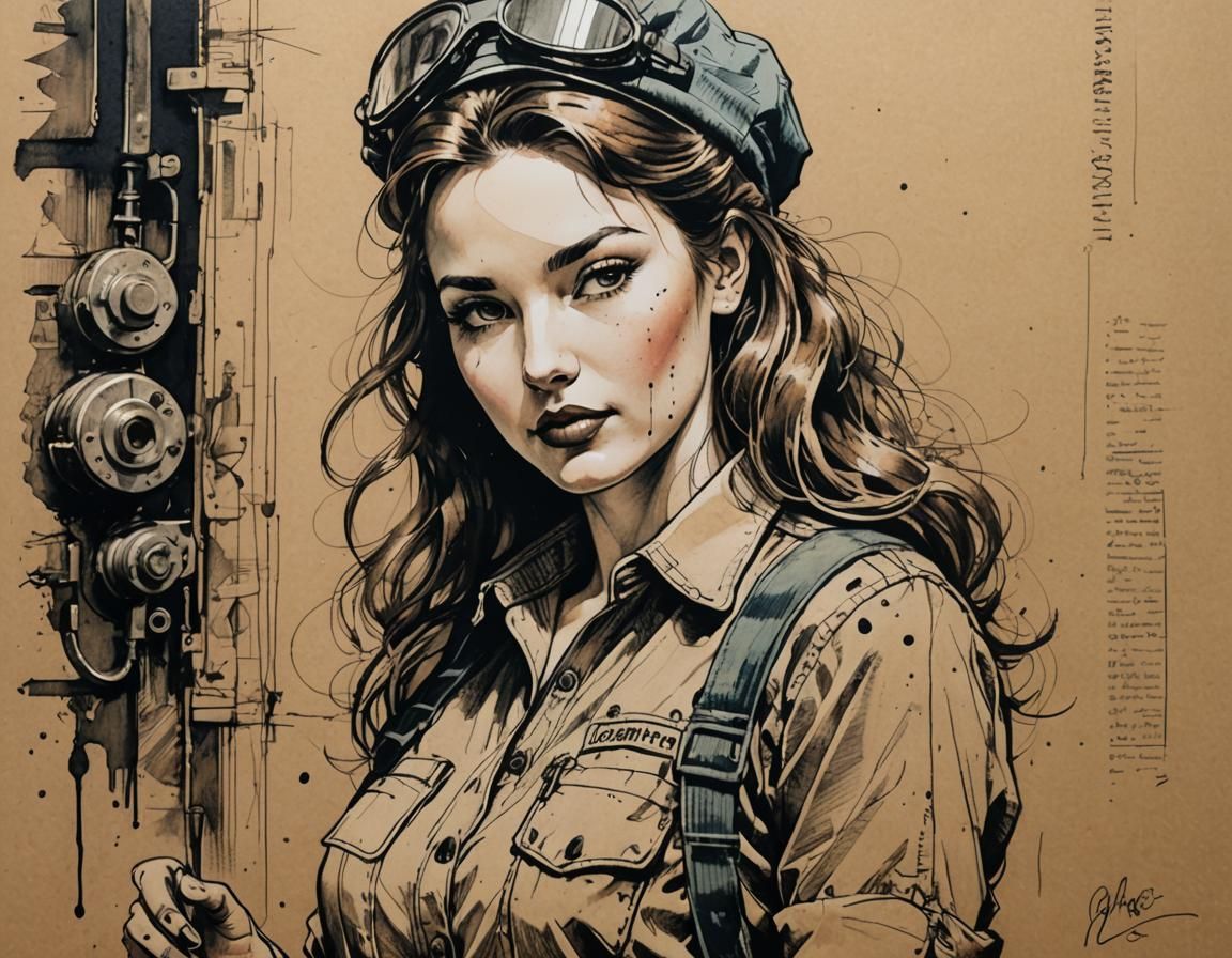 Vintage Pin-Up Mechanic: Ink Sketch in Modigliani Style