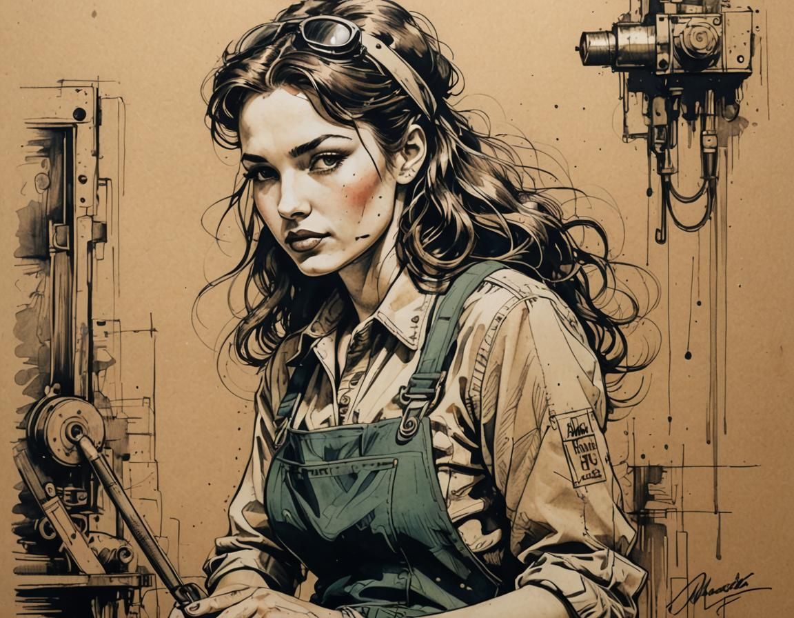 1940s Pin-Up Mechanic in Ink Sketch Style