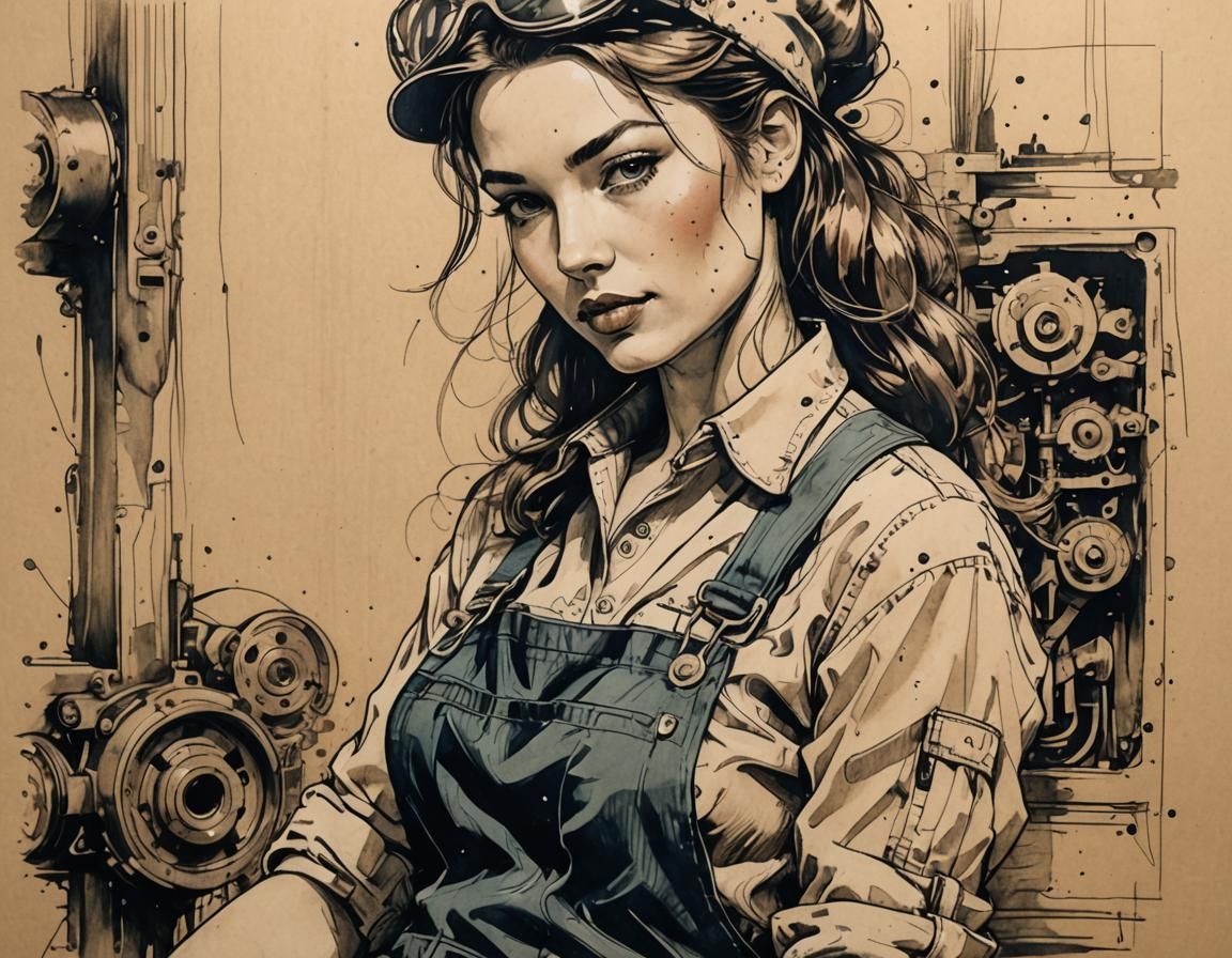 1940s Pin-Up Mechanic in Ink Sketch Style