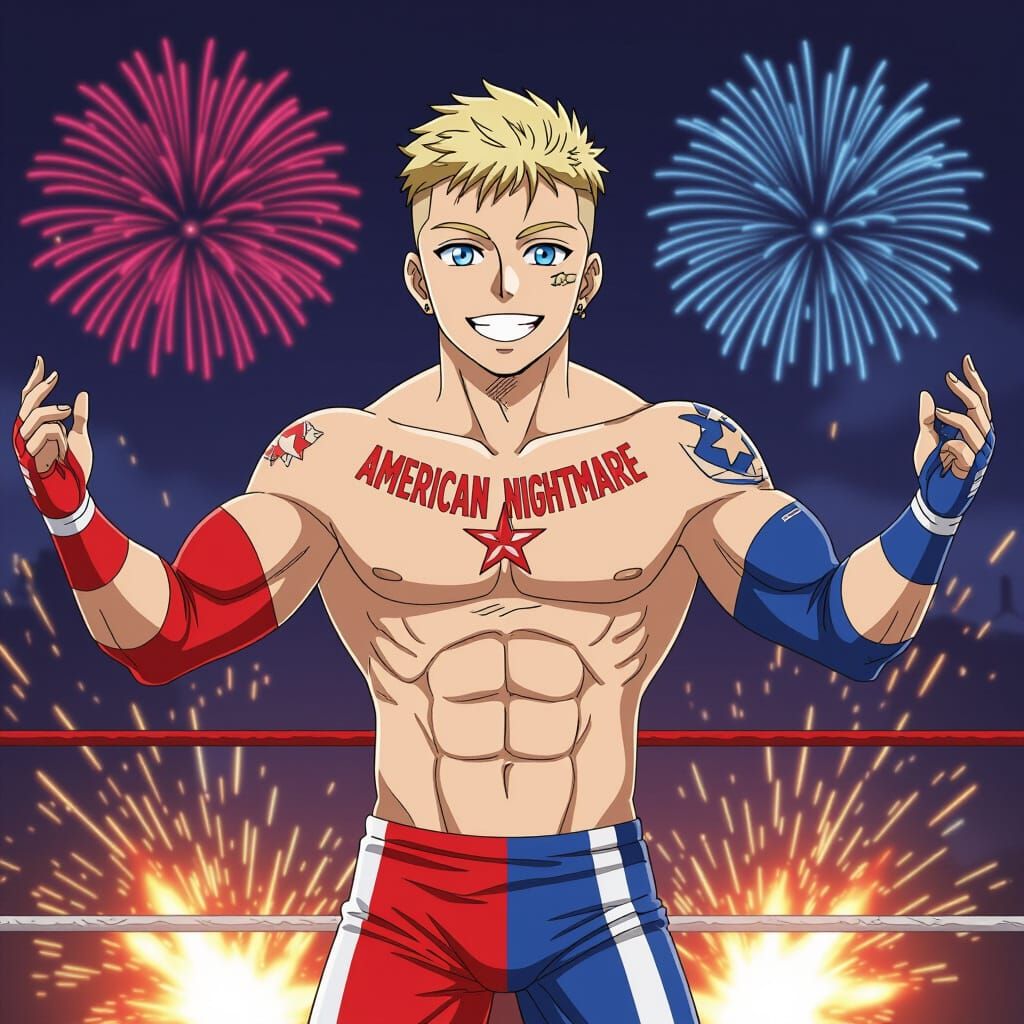 Anime Wrestler Posing with Fireworks