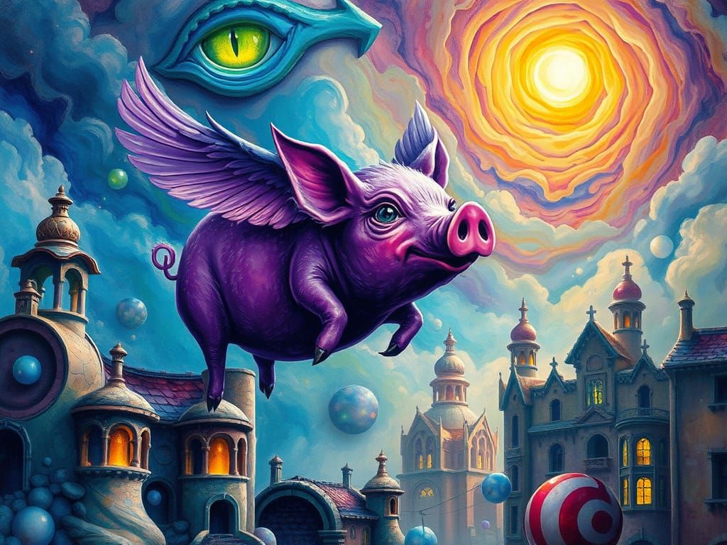 Surrealist Pig Soars Through Dreamlike Cityscape in Vibrant ...