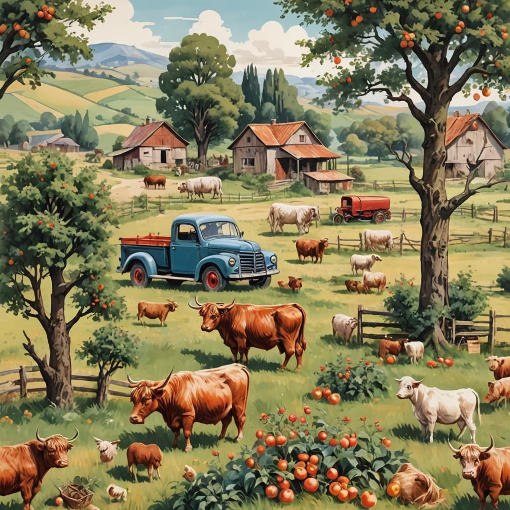 Idyllic Farm Landscape with Highland Cow: Chinese Illustrati...