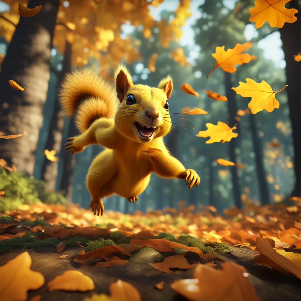 Yellow Squirrel Leaps in Cinematic 3D Forest
