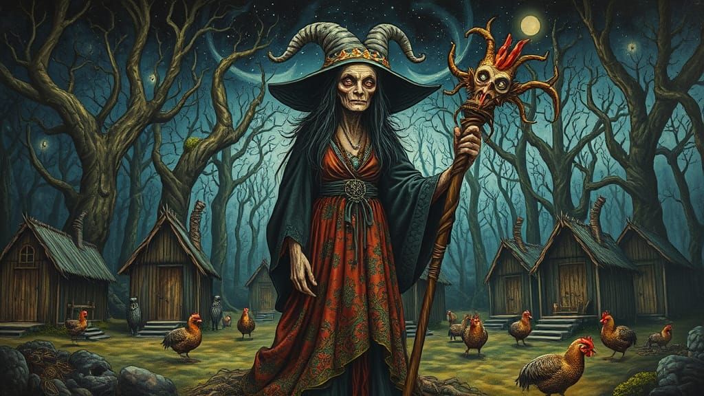 Surreal Slavic Witch Embraces Mystical Forest in Cyberpunk a...