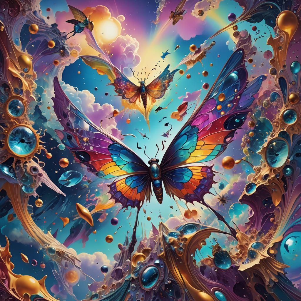 Surreal Cosmic Scene with Winged Figures, Digital Art