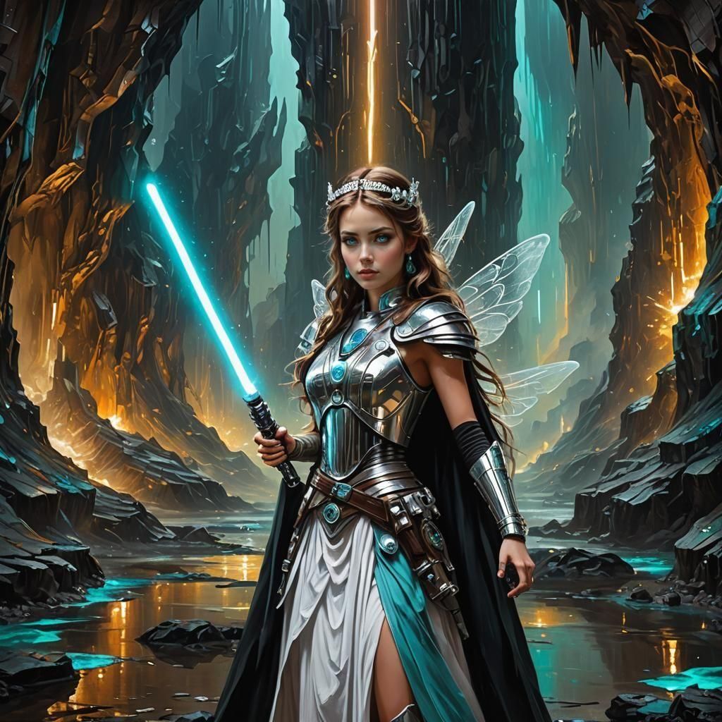fairy princess holding lightsaber; glowing eye flare; iridescent brown black gray white; glowing cyan mana cave backgrou...